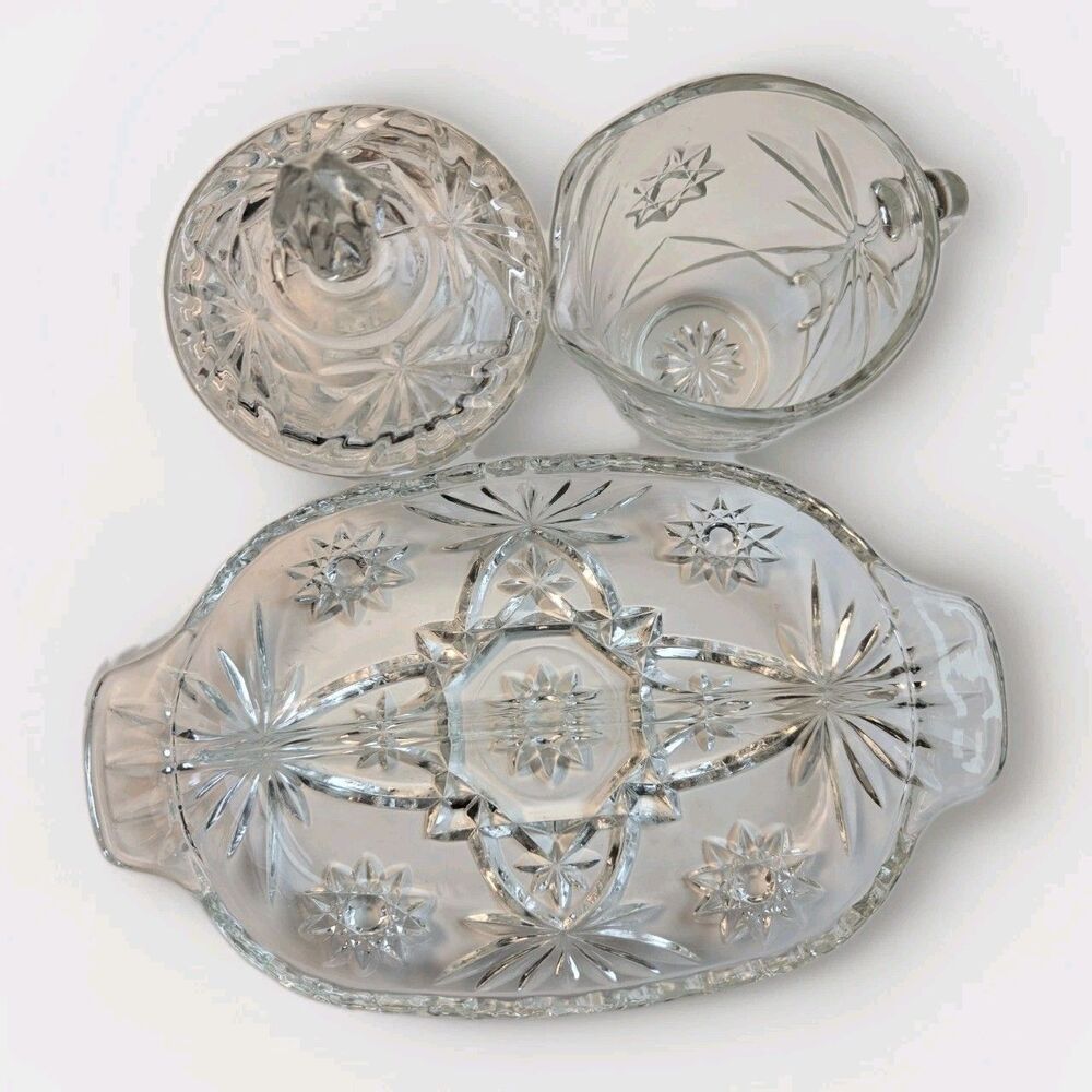 Anchor Hocking EAPC Star of David Creamer, Sugar Bowl w Lid, Relish Dish VTG